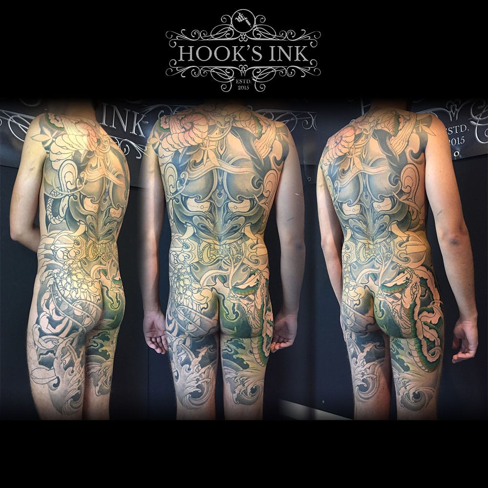 Japans rugstuk backpiece tattoo in progress