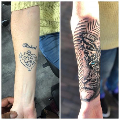 Coverup tattoo tijger met kleuroog