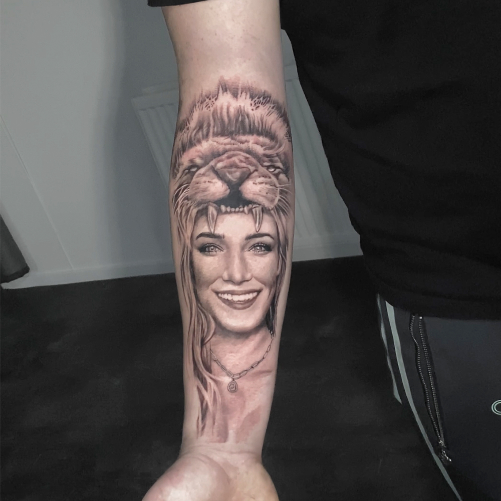 headress tattoo lion woman portrait