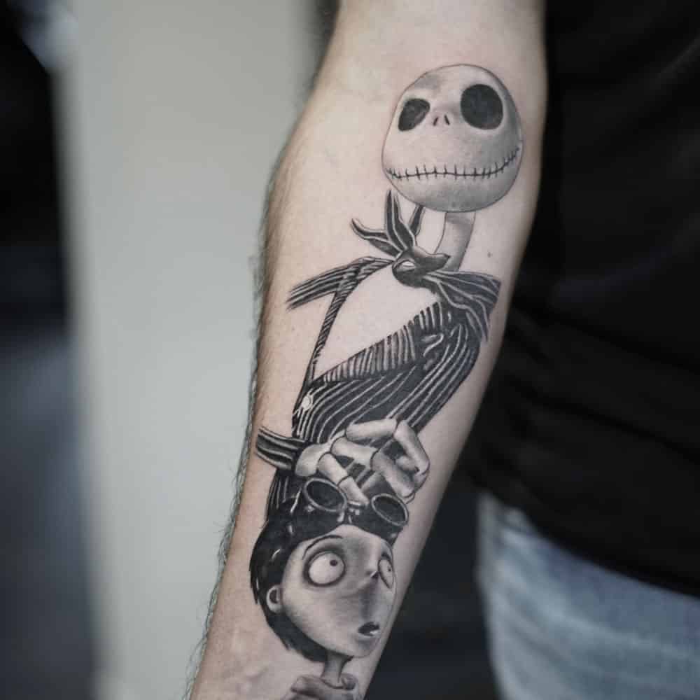 Tim Burton black and grey sleeve tattoo Remko