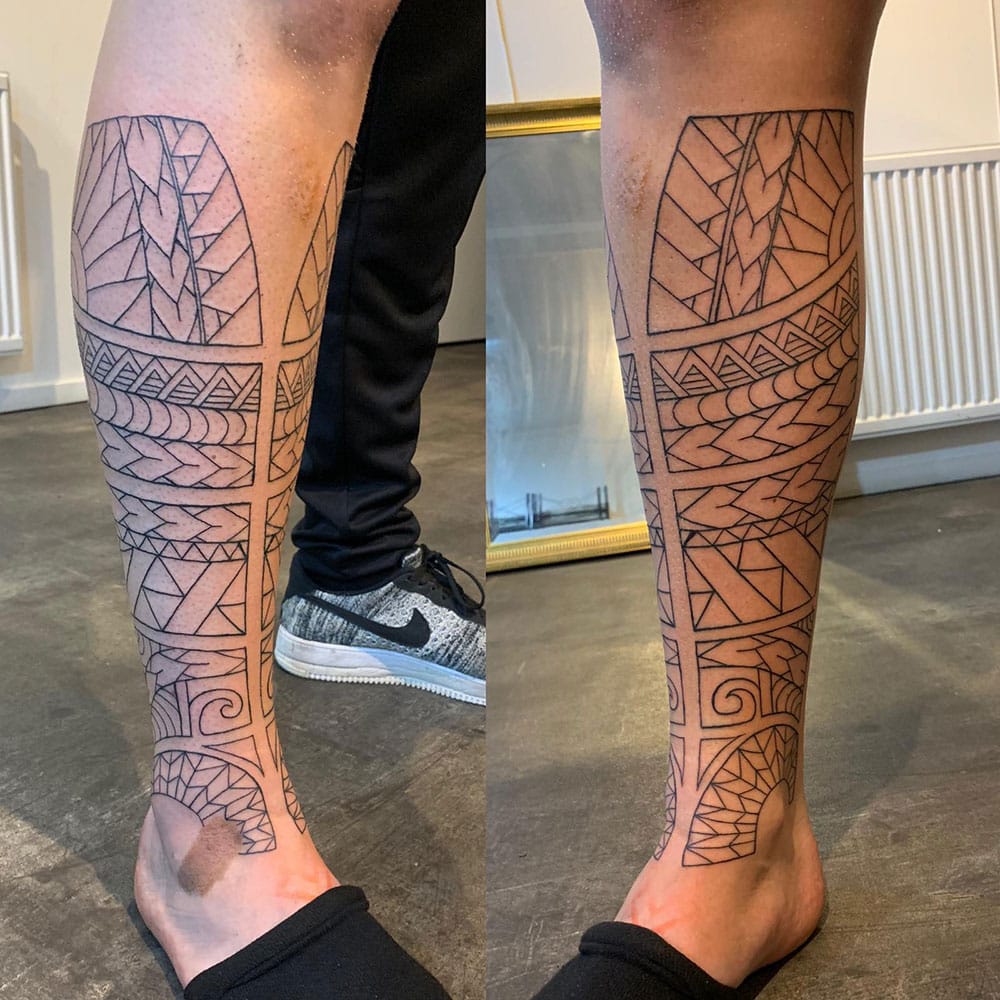 Lijnwerk Maori Polynesische tattoo begin legsleeve