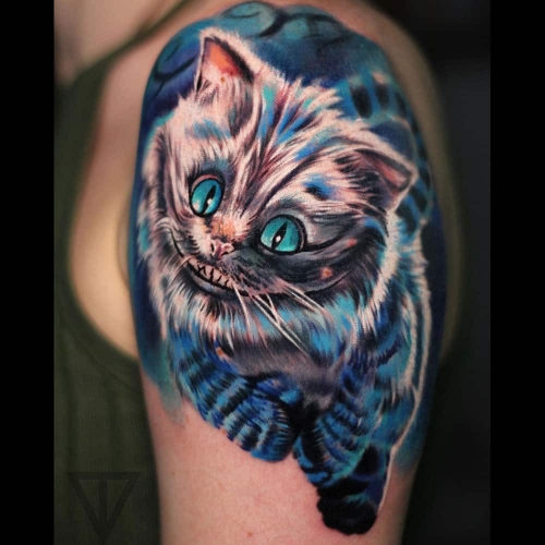 Cheshire kat Alice in wonderland kleuren tattoo Roman Vainer
