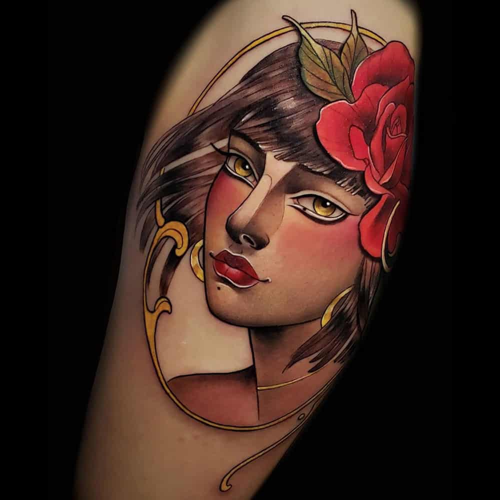 Neo traditional full color vrouwen portret tattoo Molly