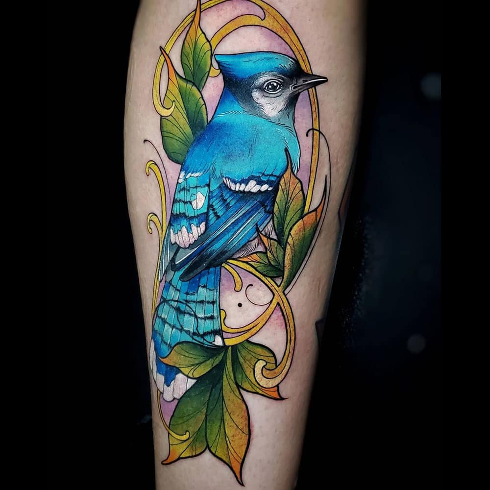 Neo traditional kleuren tattoo vogel Molly