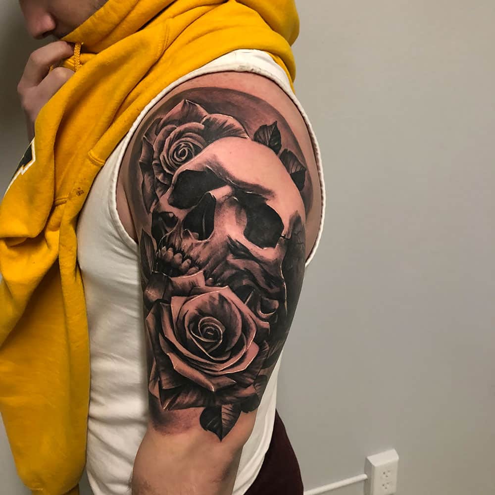 Skull roses schedel rozen black and grey tattoo Marky Chavez