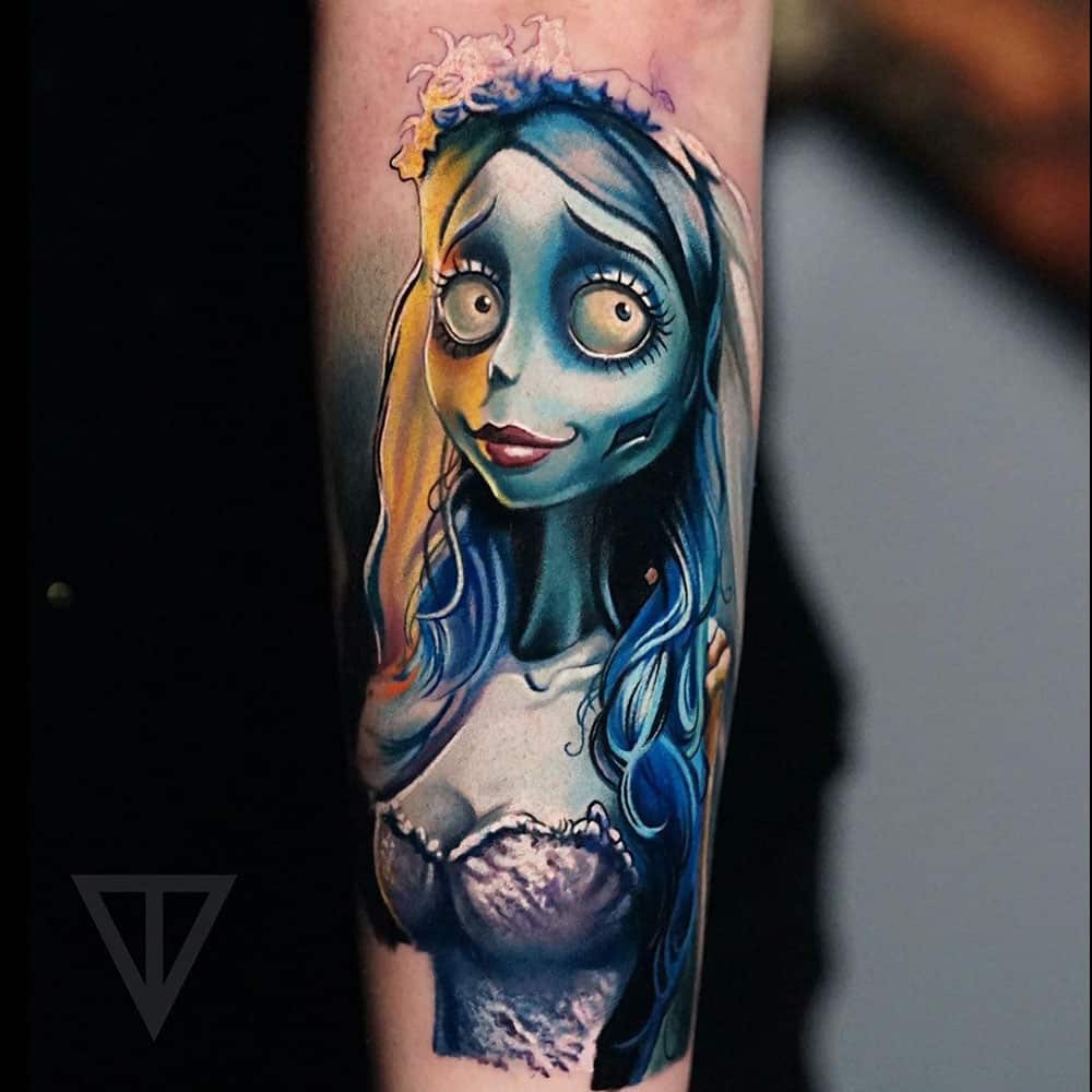 Tim Burton Corpse Bride sleeve kleuren tattoo Roman Vainer