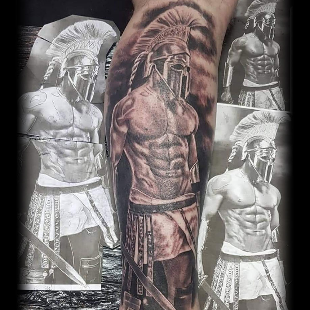 Spartan warrior Spartaanse krijger realistische tattoo Declan
