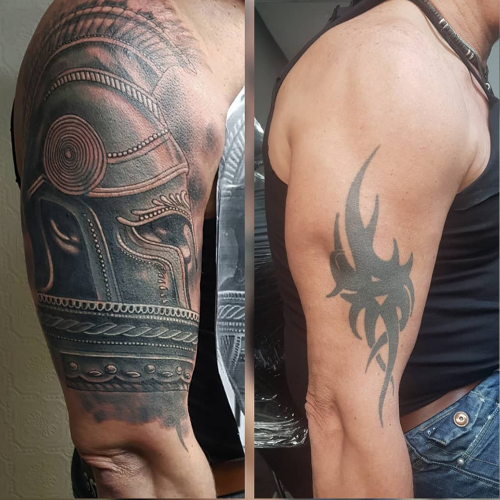 Tribal cover up tattoo realistische helm gladiator warrior Declan