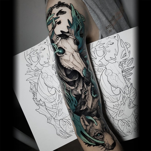 Blackwork kleur druïde wolven tattoo Jona