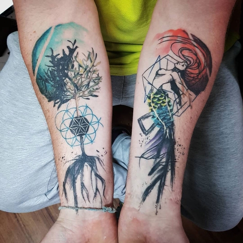 Full color abstracte tattoo levensboom mandala zeemeermin Jona