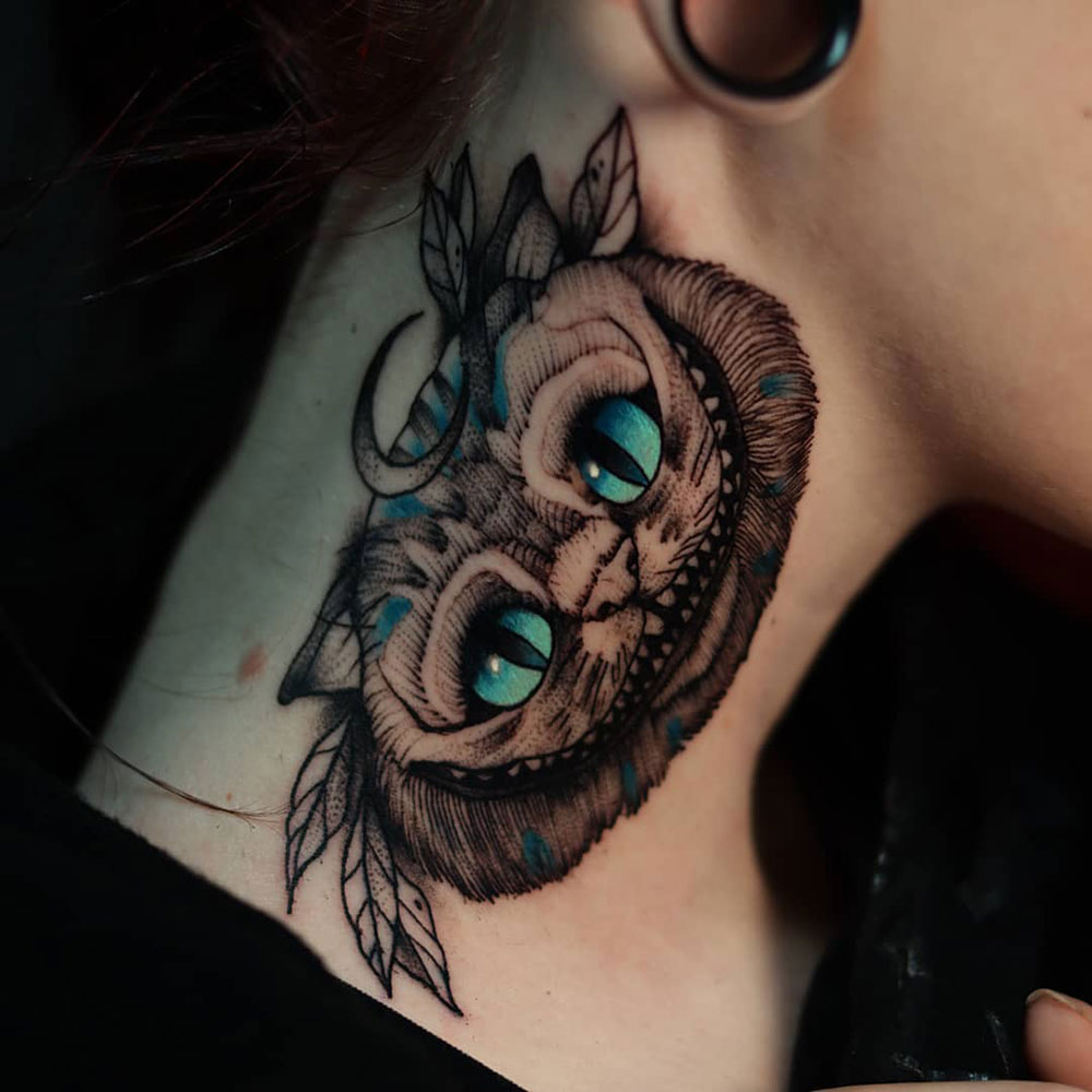Neo traditional Cheshire kat Alice in Wonderland tattoo Jona