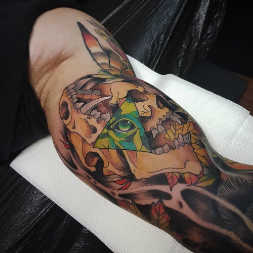 Neo traditional full color skull schedel all seeing eye Jona