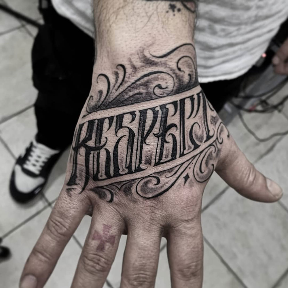 Respect freehand lettering tattoo hand Lorenzo