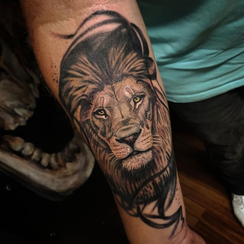 Semi realistische leeuw kleuren tattoo Jona
