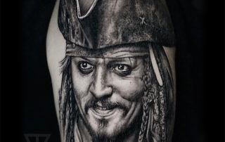 Captain Jack Sparrow Johnny Depp black and grey portret tattoo Roman Vainer