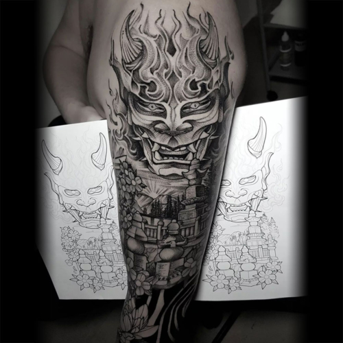 Blackwork dotwork Japans masker Jona