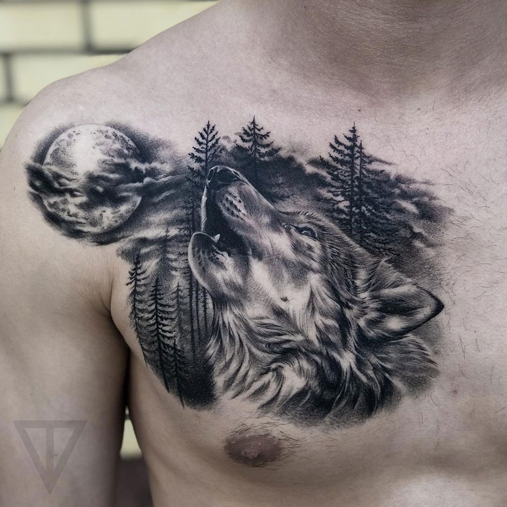 Huilende wolf maan tattoo Ekaterina Vainer