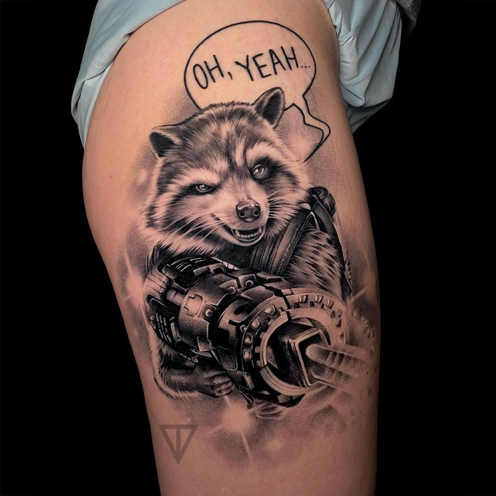 Rocket Raccoon Marvel black and grey tattoo Ekaterine Vainer