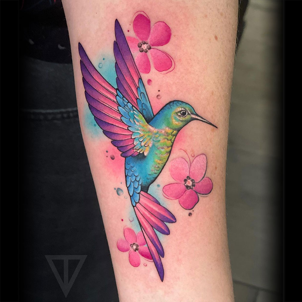 Watercolor full color kolibri tattoo Ekaterine Vainer