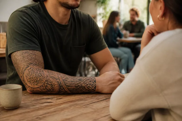 onderarm met doorlopende mandala en polynesian tattoo rust op tafel tijdens rustig gesprek met vriend
