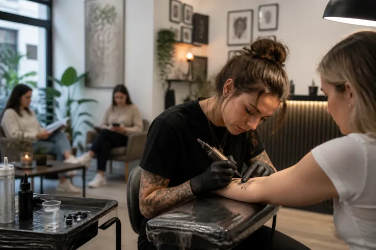 tattoo artist zet een fineline bloemetje op een onderarm in een lichte studio met andere bezoekers op de achtergrond