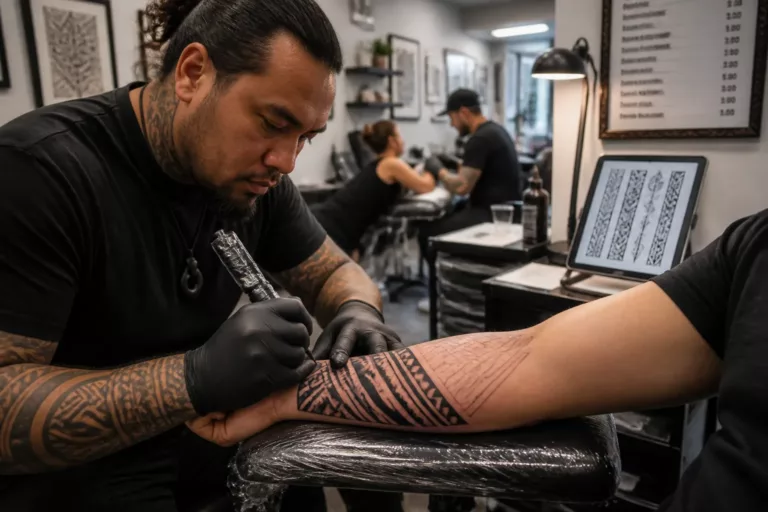 tattoo-artiest werkt aan polynesian blackwork onderarmtattoo in drukke moderne studio