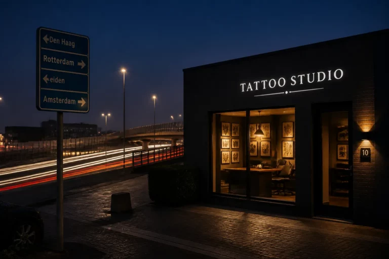 tattoostudio in rustige straat met lichtreclame en op de achtergrond een snelweg met autolichten