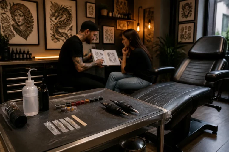 steriele tattoowerktafel met inktcups en naalden naast een stoel, tatoeëerder en klant op achtergrond in overleg